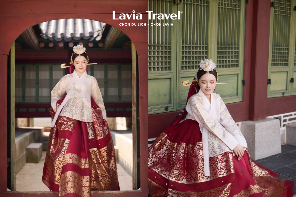 Hanbok đỏ trắng tại Gyeongbokgung Hàn Quốc mùa đông