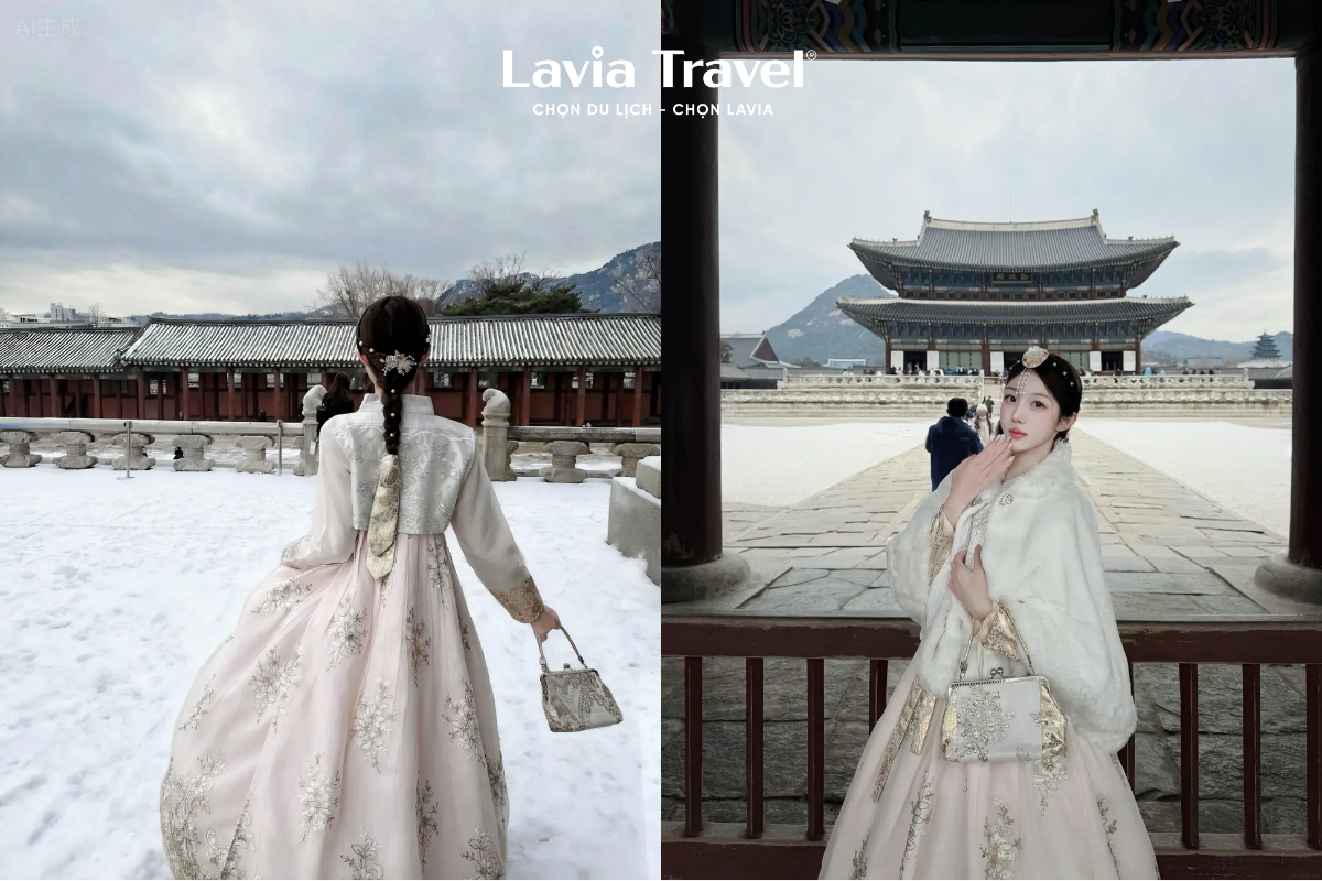 Tỏn Hồng phấn Hanbok tại Gyeongbokgung Hàn Quốc mùa đông